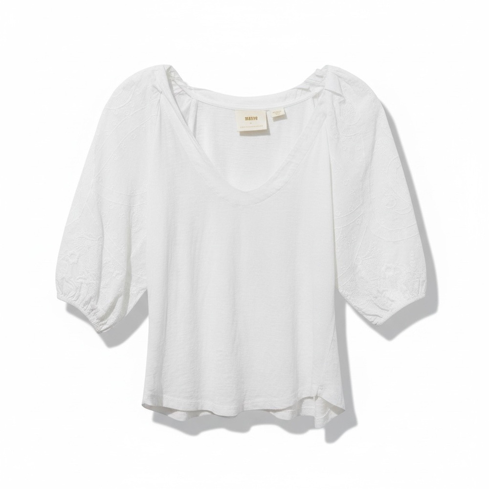 Maeve Anthropologie Harmony Lace Top Puff-Shoulder Size Medium White V Neck